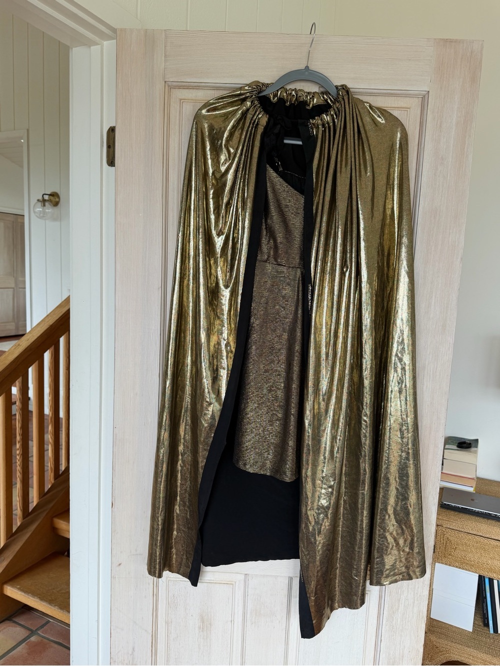 Gold Superhero Halloween Costume Mini Dress and Dramatic Cape